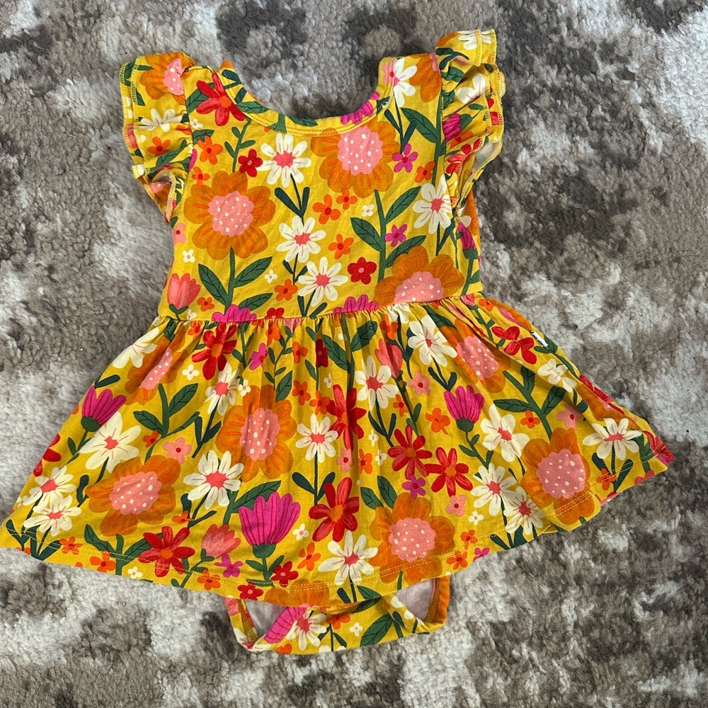Little Sleepies Yellow Floral  dress with Pink & Red Blooms